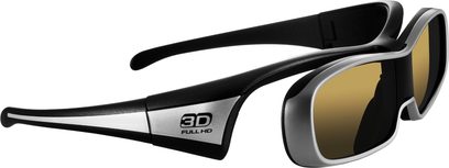 Juodos ir sidabrinės Full HD 3D akiniai, trečdalio vaizdas iš priekio, sulenkti rėmeliai, geltoni poliarizuoti lęšiai