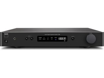 NAD C338 Graphit-Stereo-Hi-Fi-Verstärker, Frontansicht, blaue digitale Anzeige, Tasten und Anschlüsse an der Vorderseite, rechteckiges schwarzes Gehäuse