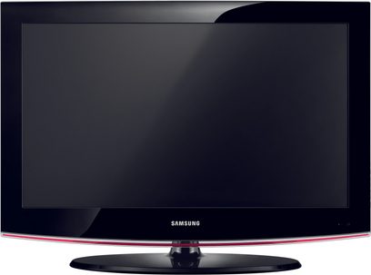 Samsung LE26B450 fladskærms-tv set forfra, sort slukket fladskærm, blank sort ramme, sølvfarvet midterfod