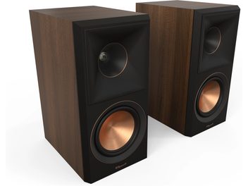 Klipsch RP-500M II walnut bookshelf speakers, front view with gold tweeter and copper woofer