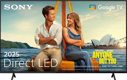 Televizor Sony BRAVIA 3 K65S3 v černé barvě s tenkým plastovým rámem, 65palcová plochá obrazovka zobrazující propagační obrázek, dva černé nakloněné stojánky, pohled zepředu