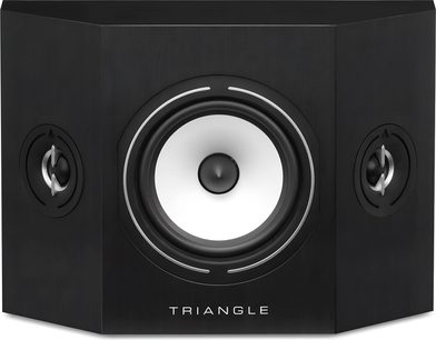 Заден ограден, ефектен или биполярен високоговорител Triangle BRS1 черен, преден изглед, 1 бял централно разположен високоговорител, 2 черни странични твитъра
