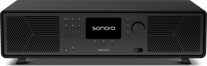 Sistem hi-fi Sonoro Avaton negru mat, carcasă cu aspect plastic, vedere din față, ecran, buton rotativ, grătare cu lamele