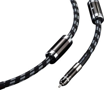 Dos cables de audio negros trenzados con conectores RCA enchapados en oro en los extremos, de la marca Real Cable, modelo REFLEX SUB
