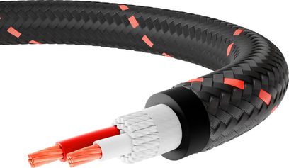 Triangle Red luidsprekerkabel met zwart gevlochten mantel, rode accenten en afwerking met dubbel geïsoleerde koperen geleider