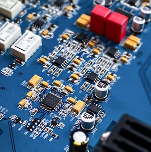 Nuprime DAC-9SE sort audio DAC-konverter, nærbillede af printkortet med elektroniske komponenter og røde kondensatorer