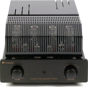 Hi-fi stereo zesilovač PrimaLuna ProLogue Classic EL-34 černý, pohled zepředu. Čelní panel v černé barvě s mřížkou, ovládacími knoflíky a konektory na přední straně.