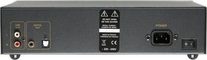 Atoll Elektronik MD100 sort CD-afspiller, bagside, nærbillede, audio- og strømstik, kontakt