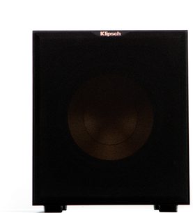 Klipsch R-12SW schwarzer Subwoofer, Nahaufnahme von vorne, schwarzes Akustikgewebeabdeckung vor dem Lautsprechergehäuse