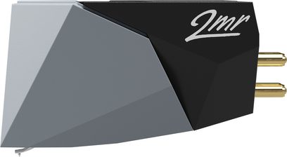 Ortofon 2M Red 78 phono cartridge side view, matte black and glossy gray body, golden stylus tip