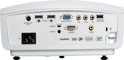 Optoma HD50 hvid videoprojektor, bagside, HDMI-, VGA-, RS-232C-, RCA-tilslutninger, 3D sync-udgang, 12V-port, kontakt