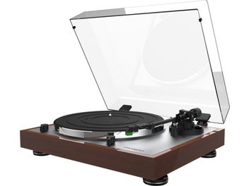 Thorens TD 402 DD diófa hi-fi lemezjátszó felülnézetből, nyitott fedéllel, hangkarral, fekete tányérral, fa alapzattal