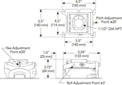 Teknisk diagram med dimensioner af en højdejusterbar, dybdejusterbar og vippejusterbar projektorkonsol, set forfra