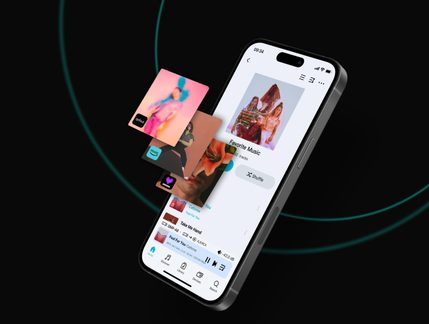 Black smartphone displaying a music streaming app with colorful floating album covers on a black background