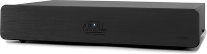 Preamplificatore phono Atoll PH100 nero, alloggiamento in alluminio spazzolato opaco rettangolare compatto, logo inciso, vista frontale