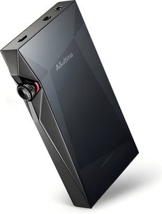 Lettore audiofilo Astell&Kern SP4000 grigio antracite in alluminio, visto da tre quarti dall’alto, corpo sfaccettato con spigoli angolati, rotella del volume laterale zigrinata con bordo rosso, due porte jack e una porta USB visibili sul lato superiore