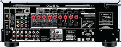 Onkyo TX-NR555 Silber Heimkino-Verstärker, Frontansicht, zahlreiche Audio-/Video-Anschlüsse, Tasten und Regler