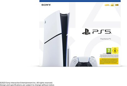 Sony VPL-XW5000ES sort projektor med PS5 Slim: 4K HDR-videoprojektor og PlayStation 5-spillekonsol i hvid, set forfra