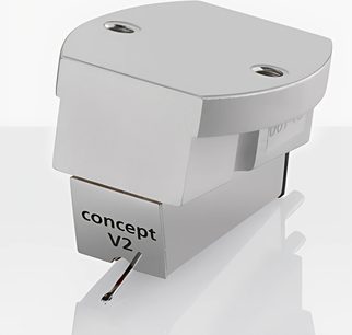 Картридж для програвача вінілових платівок ClearAudio Concept v2, білий, вигляд ззаду під кутом 3/4, прямий тонарм, підйомник тонарма, 2 отвори на кришці