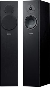 Yamaha NS-F140 sorte gulvhøjttalere set forfra, runde højttalerenheder, dome-diskant, Yamaha-logo