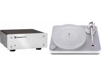 Sudrabains Concept vinila plašu atskaņotājs ar caurspīdīgu disku, ar melnu un sudrabainu Lehmann Audio priekšpastiprinātāju
