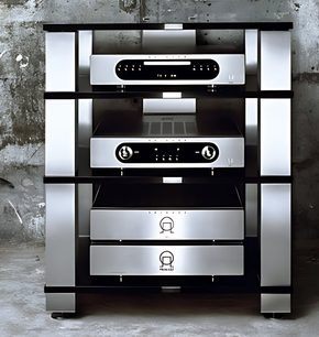Spectral High-End HE684 hi-fi møbel i sort og sølv, frontvisning, 4 hylder, glasfronter, integreret belysning