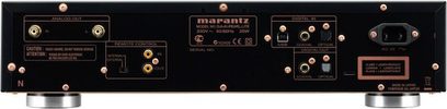Marantz SA-KI pearl Lite sort CD-afspiller, frontvisning, sort front med forgyldte knapper, blå display, central CD-bakke