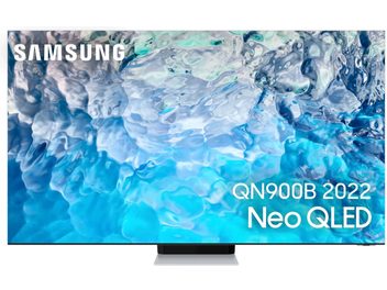 Samsung QE75QN900B 2022 Neo QLED-TV som viser et abstrakt blågrønt bilde med organiske hvite former