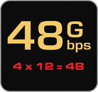 Logo "48G bps" og "4 x 12 = 48" i gult på svart bakgrunn, for en HDMI-kabel fra Audioquest, modell HDMI Vodka 48Gbps 2m
