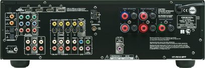Onkyo HT-R518 MPP sort hjemmebiografsystem, set forfra, med audio/video-stik, knapper og lysindikator