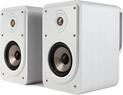 Polk Audio S15e baltų knygų garsiakalbiai, priekinis vaizdas, du stačiakampiai balti garsiakalbiai greta vienas kito
