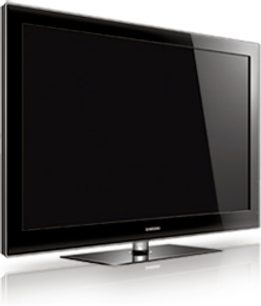 50 tommer sort Samsung PS50B550 fladskærms-TV set forfra, slukket, på metalstativ