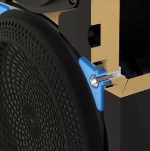Paradigm Founder 80F walnut floorstanding speaker, close-up 3/4 rear view showing blue tweeter and black passive radiator