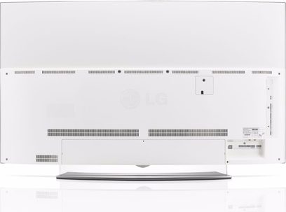 LG 55EG960V OLED ultra-flad TV, 55 tommer skærm, set forfra, på metalstativ, højttalergitteret synligt