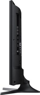 Samsung UE32J6300 sort TV, set fra siden, buet skærm, fod-formet base, stik på bagsiden