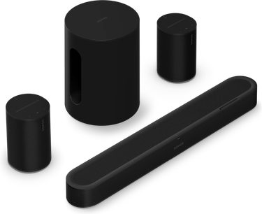 Sort Sonos Beam Ultra sort med soundbar, to Era 100-højttalere og Sub Mini-subwoofer
