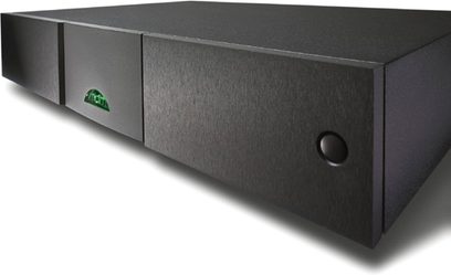 Naim Audio NAP250 sort effektforstærker, frontvisning, grønt logo, tænd/sluk-knap, hovedtelefonstik