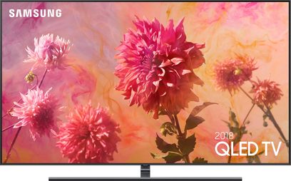 Televizor Samsung QE65Q9F 2018 QLED TV zobrazující obraz růžových květů jiřin na rozostřeném oranžovém pozadí