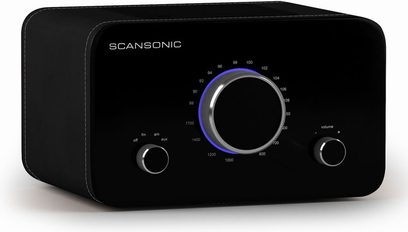 Scansonic SC-R2 radio, sort, set forfra, med drejelige knapper og rund, oplyst blå skærm i midten