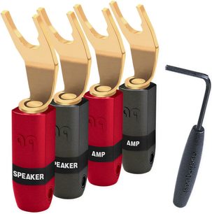 Das Bild zeigt 4 goldene Bananenstecker und 1 schwarze Audioquest SureGrip 300 Gabelklemme mit roten und schwarzen Anschlüssen