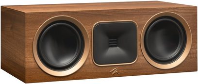 Hlavní reproduktor MartinLogan Foundation C1 v ořechovém provedení, 3 černé kruhové reproduktory v obdélníkovém dřevěném těle