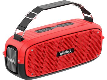 Enceinte bluetooth Yourban Getone 60 rouge, vue de trois quarts, grille avant perforée, boutons supérieurs, sangle noire