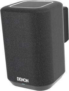 Denon Home 150 sort trådløs højttaler, set forfra, cylindrisk afrundet form, sort tekstilgitter dækker størstedelen af overfladen