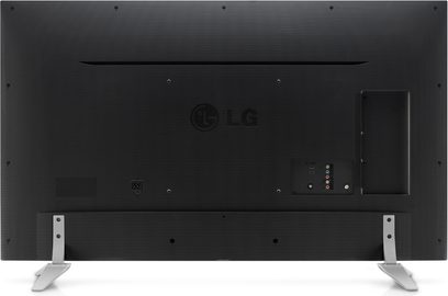 LG 55UF772V-fladskærms-TV, 55 tommer, frontvisning, smal sort ramme, bagside stik, metalben