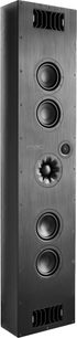 Enceinte colonne PMC noire avec 5 haut-parleurs ronds de différentes tailles encastrés sur la face avant