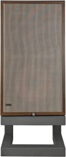 Boekenplank luidspreker Taga Harmony Nostalgic TH-12 notenhout, vooraanzicht, stoffen rooster met ruitpatroon, houten frame, grijze sokkel