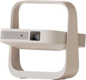 Beige XGIMI Elfin Flip Plus compact projector, mounted in a rounded square frame, three-quarter view