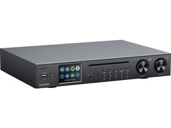 Kenwood KR‑W8000SCD‑B hi-fi-system, svart metall, 3/4-vy, färgskärm, CD-fack, USB, hörlursuttag, två stora rattar