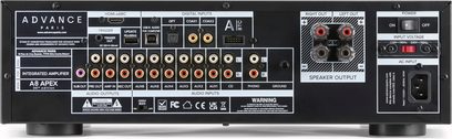 Amplificatore hi‑fi integrato Advance Paris A8 APEX, vista posteriore, chassis in metallo nero, RCA, ottico, HDMI eARC, morsetti per diffusori, presa IEC