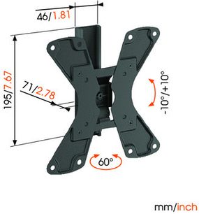 Vægmonteret TV-beslag Vogel's Wall 1120 i sort metal, set forfra med angivne dimensioner og 60° rotationsvinkel
